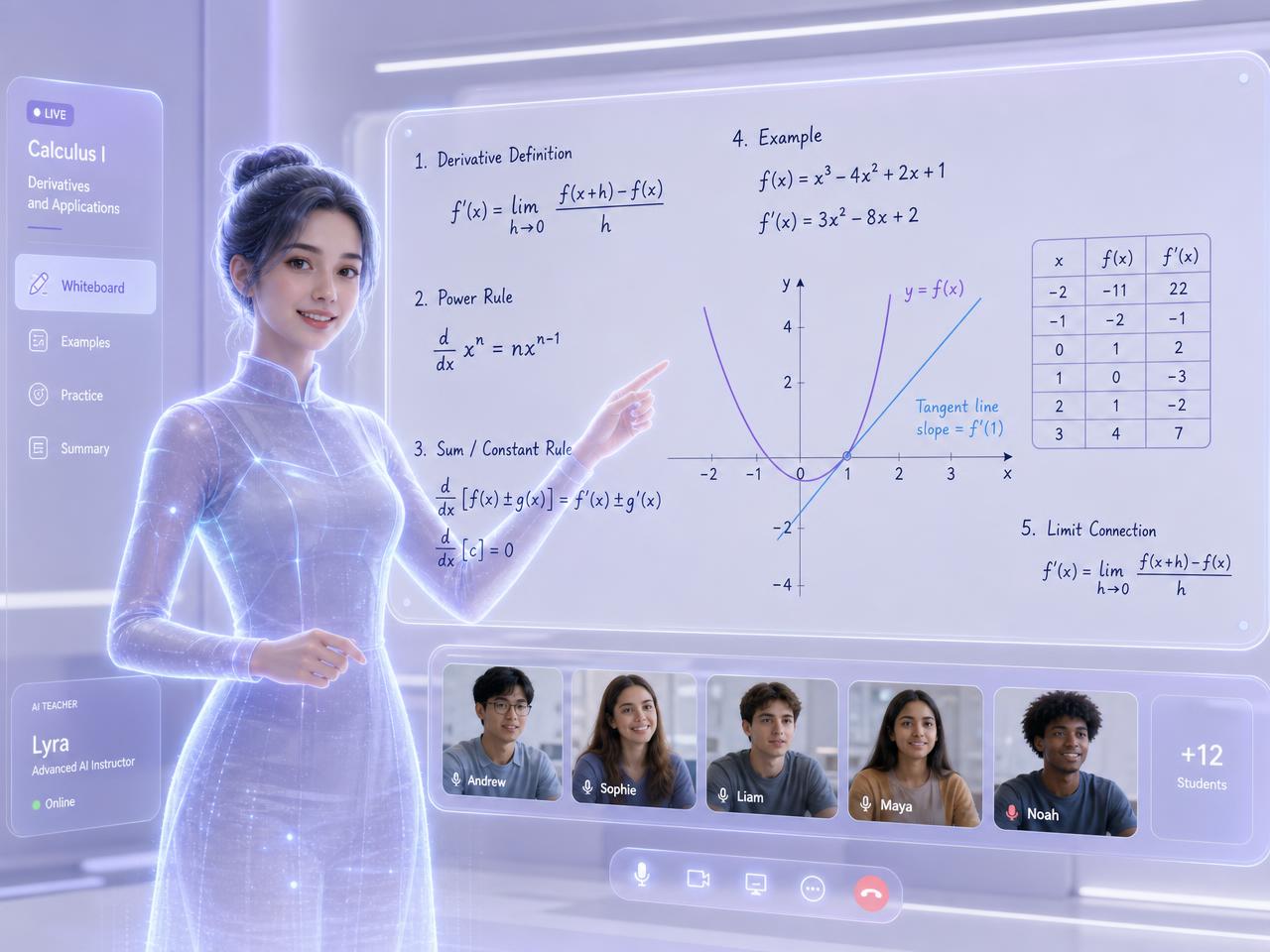 Avatar IA de un profesor dando una clase virtual junto a una Pizarra IA que corrige una ecuación en tiempo real